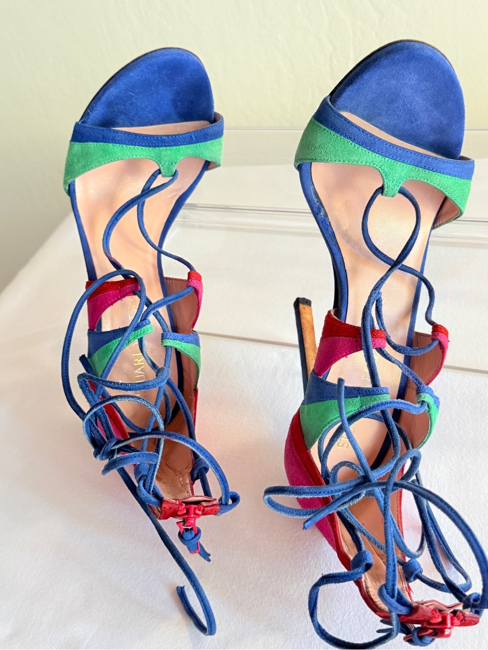 Stuart Weitzman Razzle Multicolor Suede Lace Up Stiletto Sandals Size 7 - Picture 6 of 16